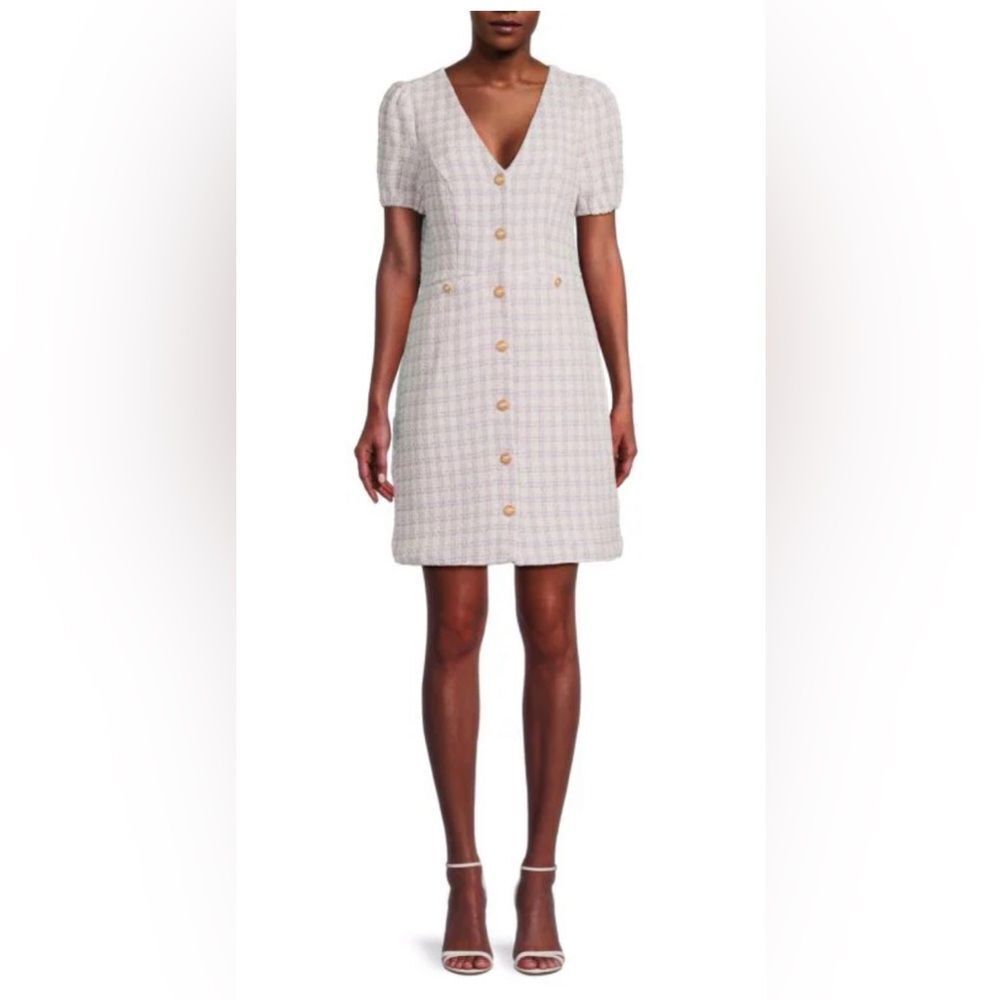 NWT COQUETTE Nanette Lepore Sz 12 Lilac Checked Tweed Mini Dress - Picture 1 of 4